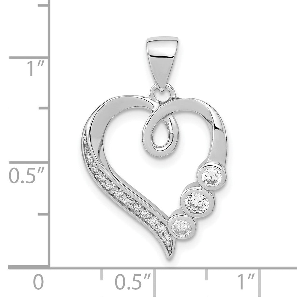 Sterling Silver Rhodium-plated Polished Open Heart CZ Pendant
