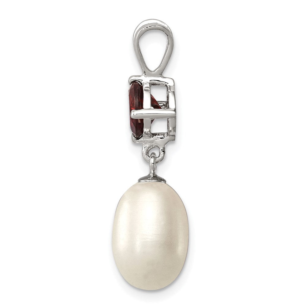 Sterling Silver Rhodium-plated Garnet 8-9mm FWC Pearl Teardrop Pendant
