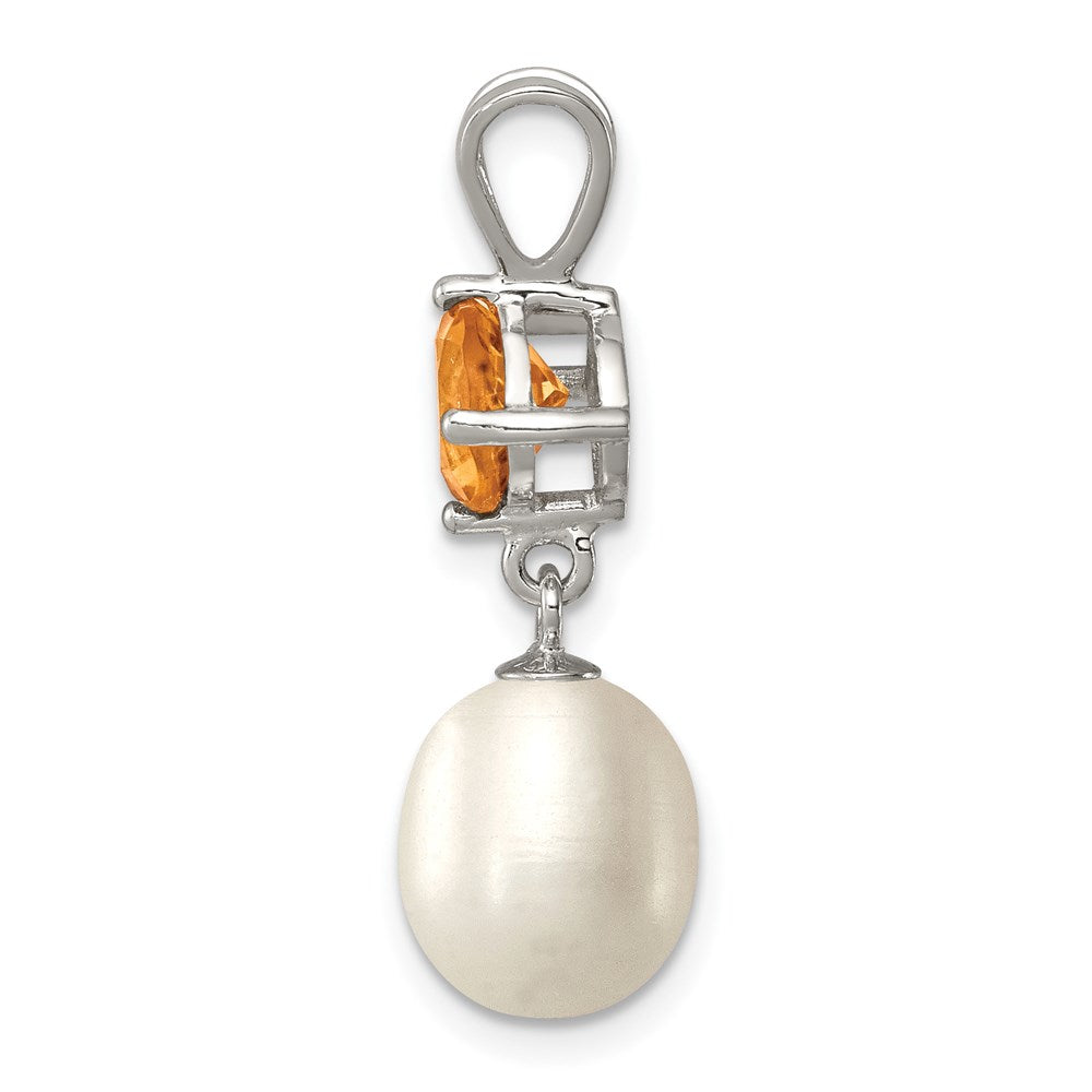 Sterling Silver Rhodium-plated Citrine 8-9mm FWC Pearl Teardrop Pendant