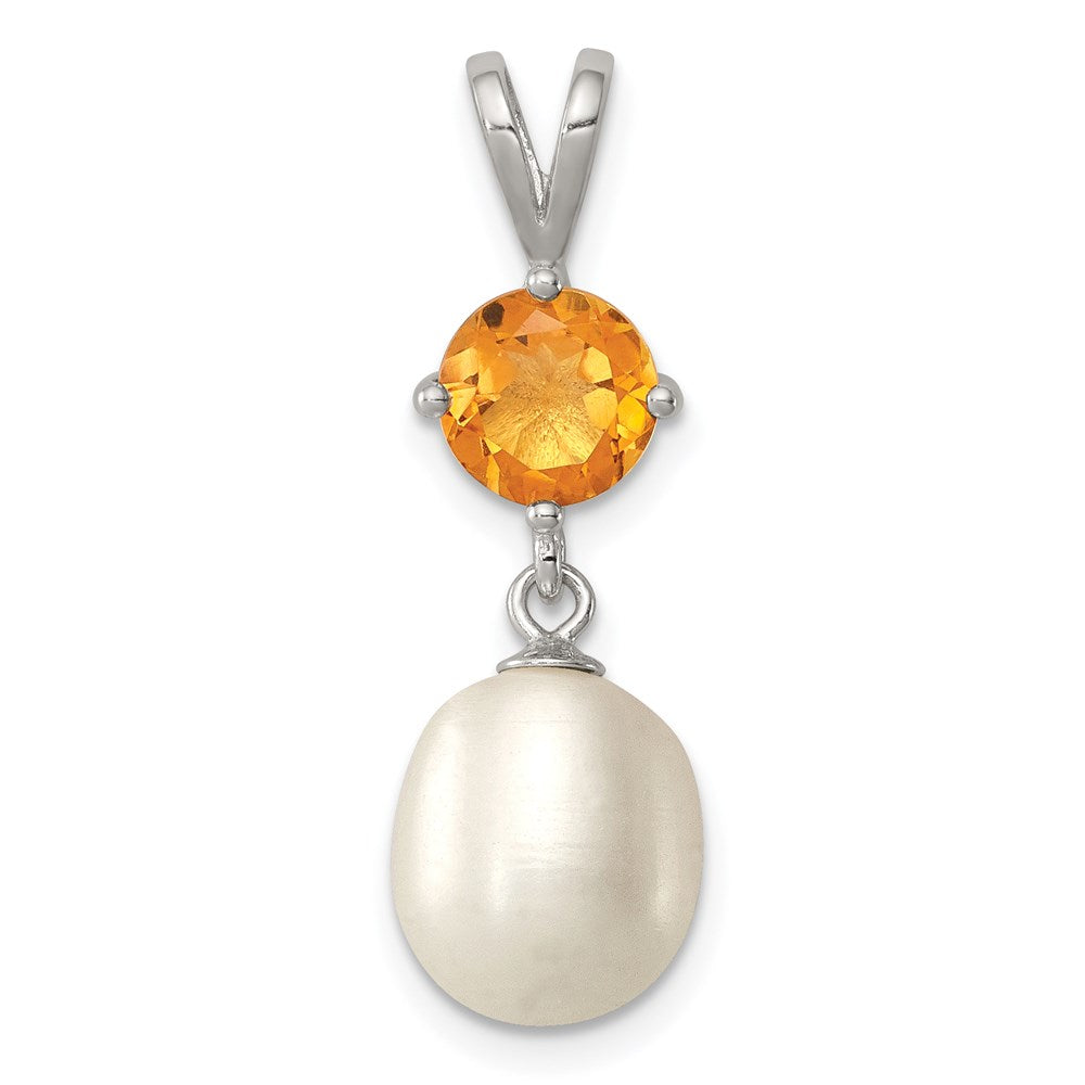 Sterling Silver Rhodium-plated Citrine 8-9mm FWC Pearl Teardrop Pendant