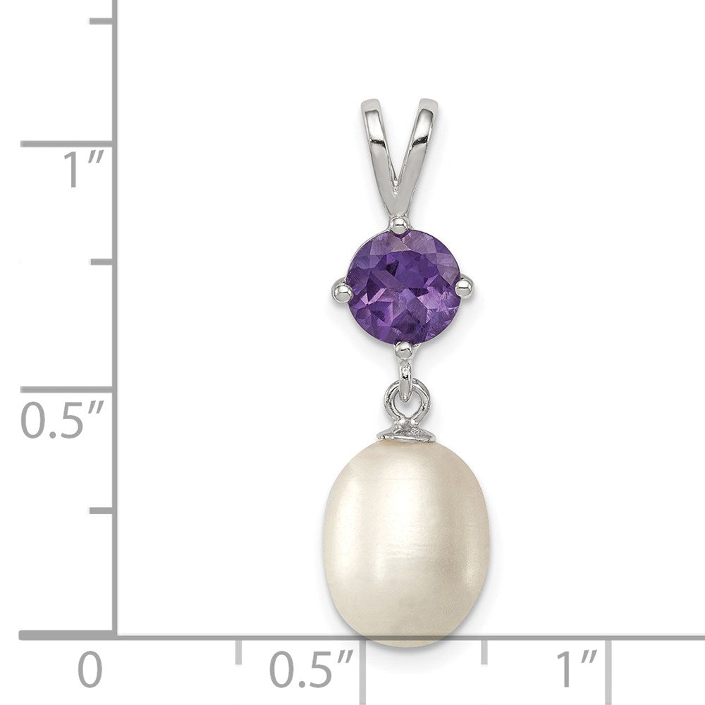 Sterling Silver Rhodium-plated Amethyst 8-9mm FWC Pearl Teardrop Pendant