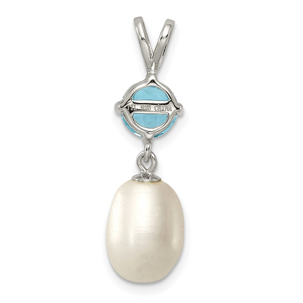 Sterling Silver Rhodium-plated Blue Topaz 8-9mm FWC Pearl Teardrop Pendant