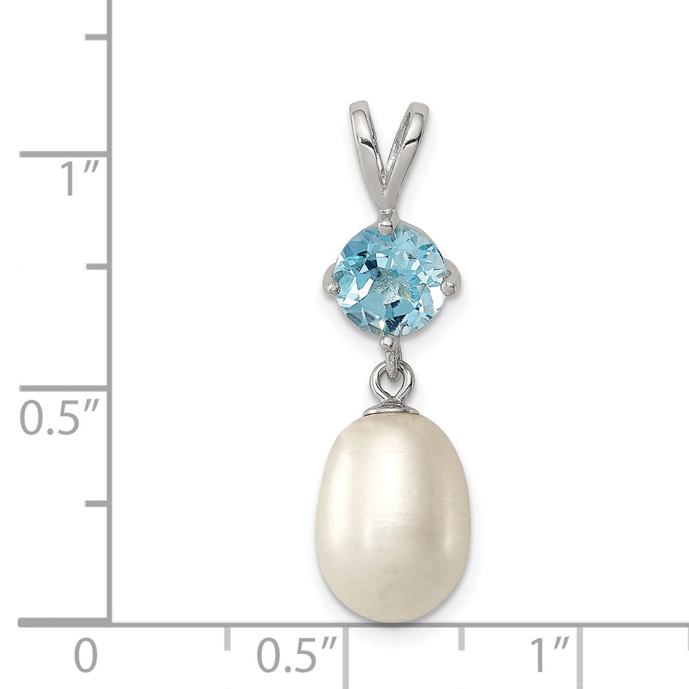 Sterling Silver Rhodium-plated Blue Topaz 8-9mm FWC Pearl Teardrop Pendant