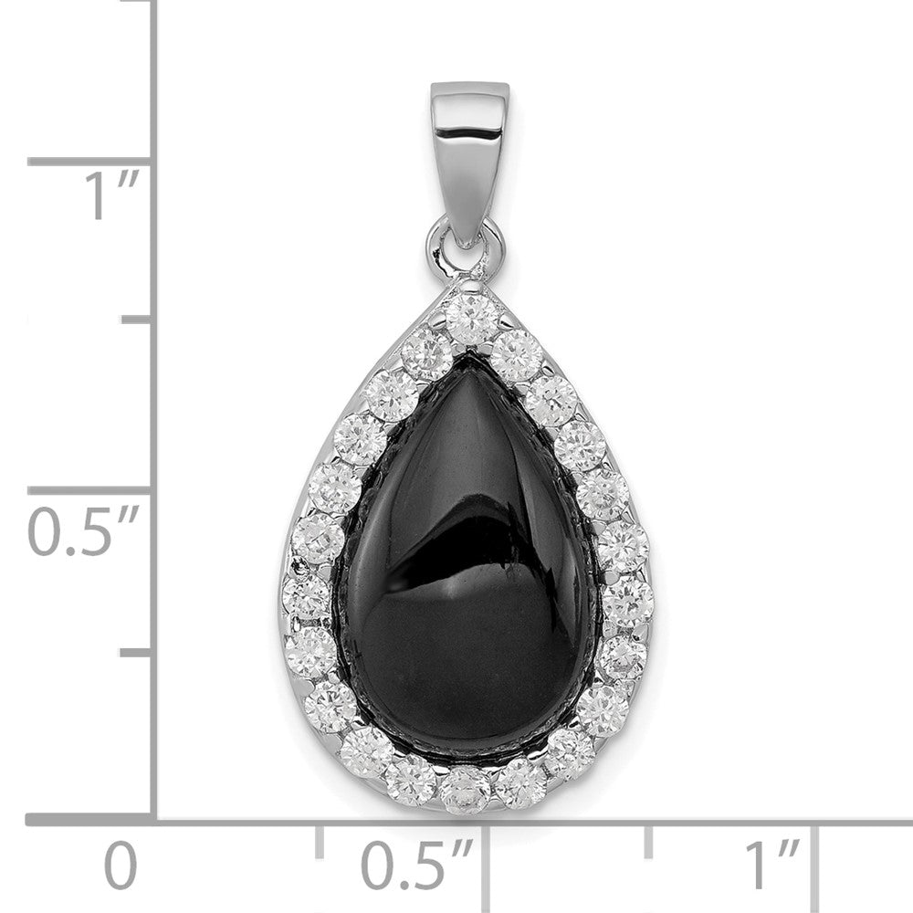 Sterling Silver Rhodium-plated CZ and Onyx Tear drop Pendant