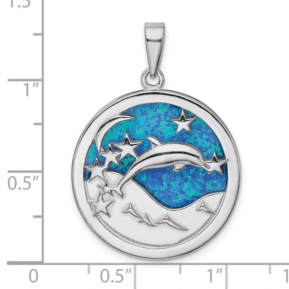 Sterling Silver Rhodium-plated Blue Created Opal Dolphins Pendant
