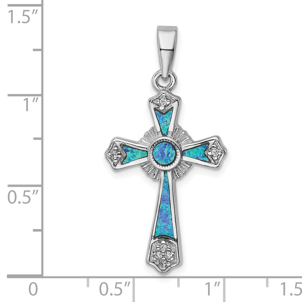 Sterling Silver Rhodium-plated CZ / Created Opal Cross Pendant