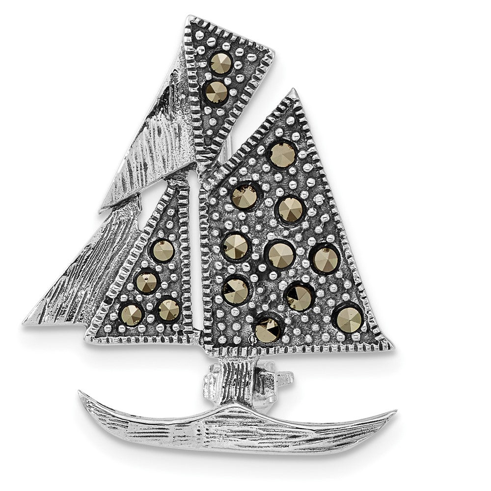Sterling Silver Antiqued Marcasite Sailboat Pin