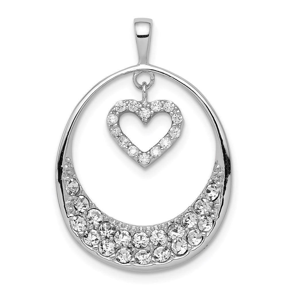 Sterling Silver Rhodium-plated CZ Oval w/Dangle Heart Pendant