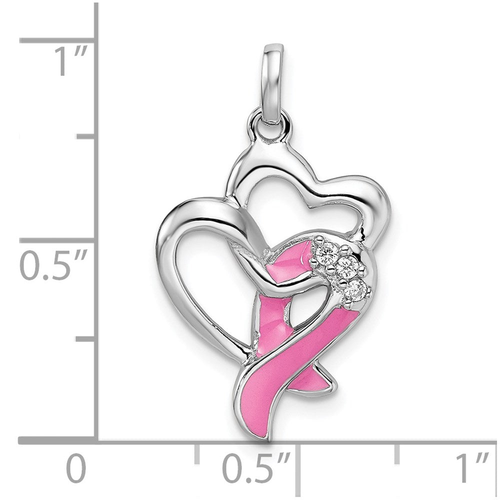 Sterling Silver Rhodium-plated Enamel CZ Ribbon Heart Pendant