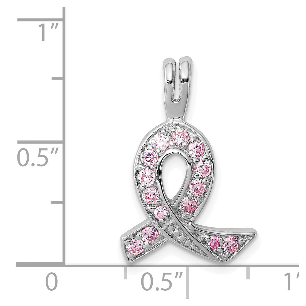 Sterling Silver Rhodium-plated Pink CZ Awareness Ribbon Pendant
