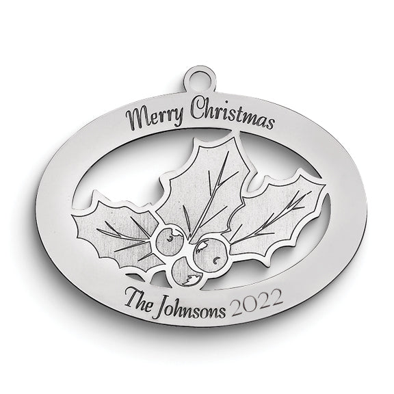Sterling Silver Rhodium-plated Christmas Holly Ornament with Personalization