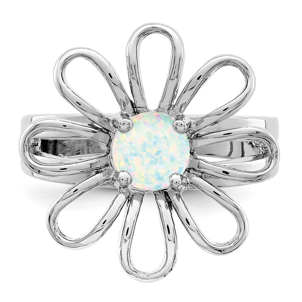 Sterling Silver Rhodium-plated lab Created Opal Flower Ring