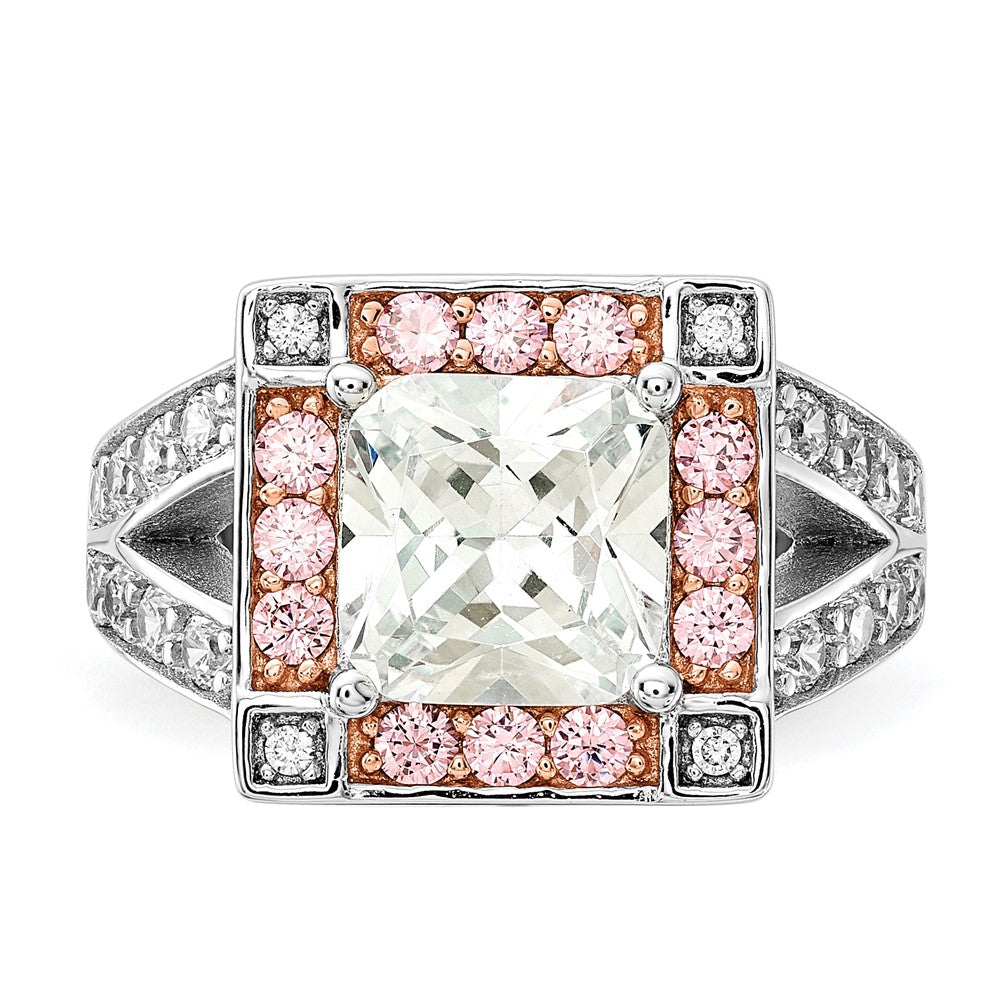 Sterling Silver w/ Rose-tone Vermeil Polished Square Pink & Clear CZ Ring
