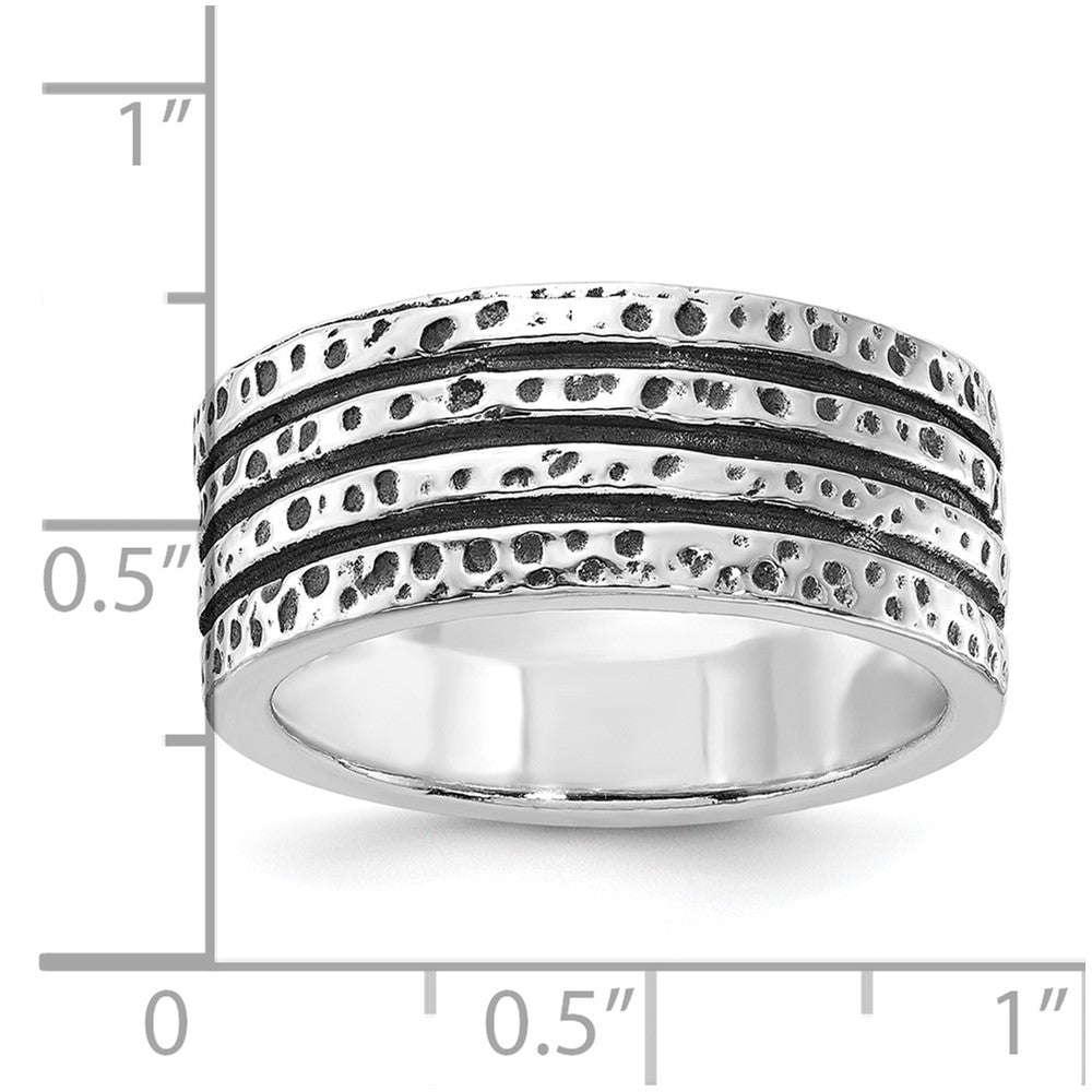 Sterling Silver Polished & Antiqued Spotted & Grooved Ring
