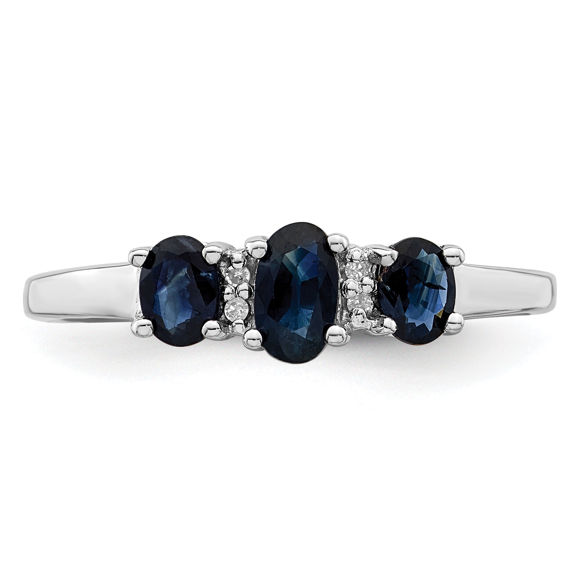 Sterling Silver Rhodium 3 Oval Sapphire & Diamond Ring