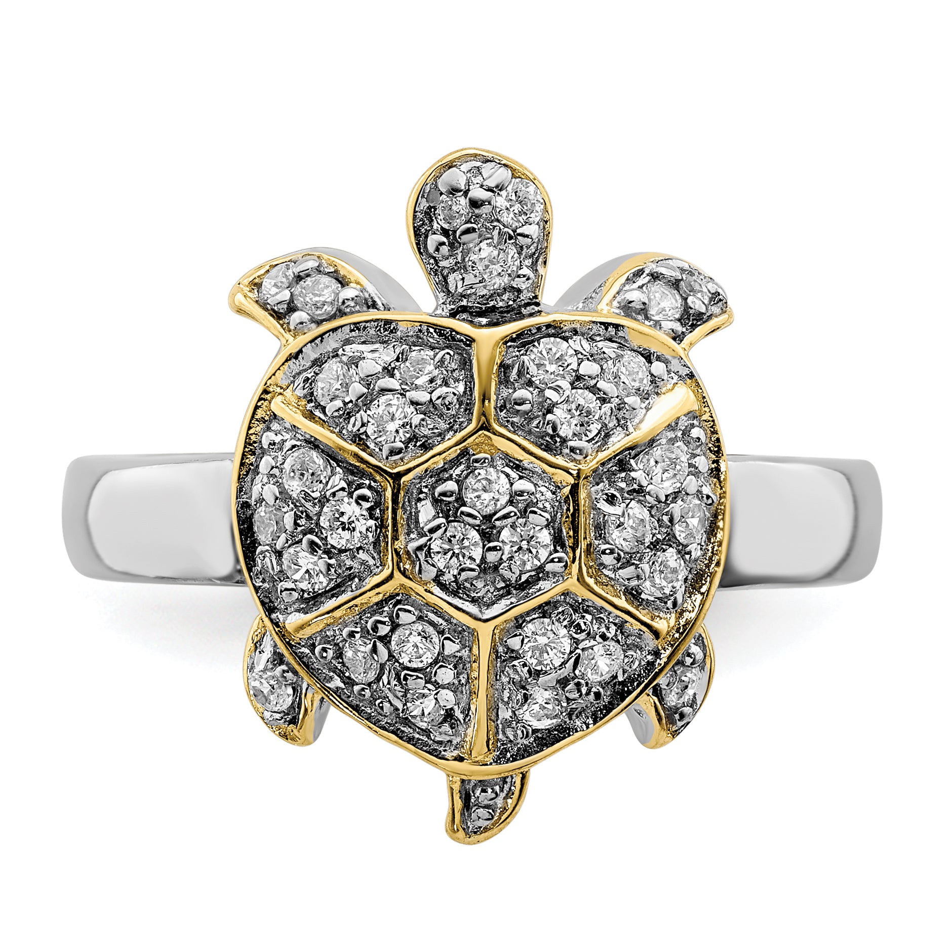 Sterling Silver Rhodium-plated CZ and Flash Gold-Plated Turtle Ring