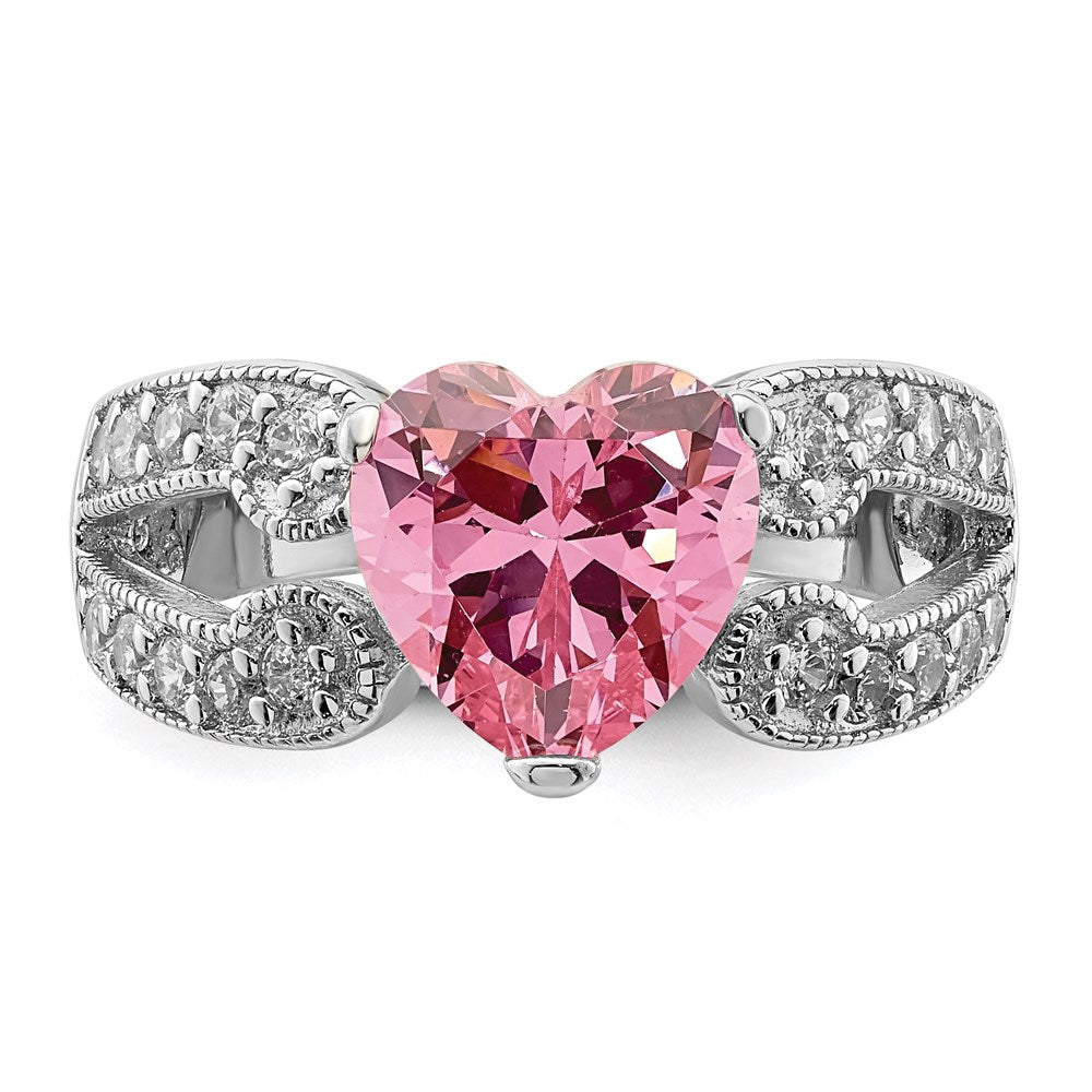 Sterling Silver Rhodium-plated Round Pink and White CZ Ring