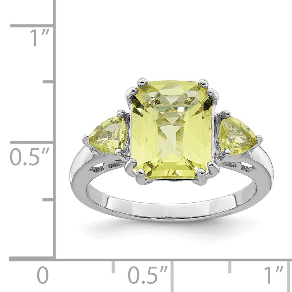 Sterling Silver Rhodium Octagonal Checker-Cut Lemon Quartz Ring
