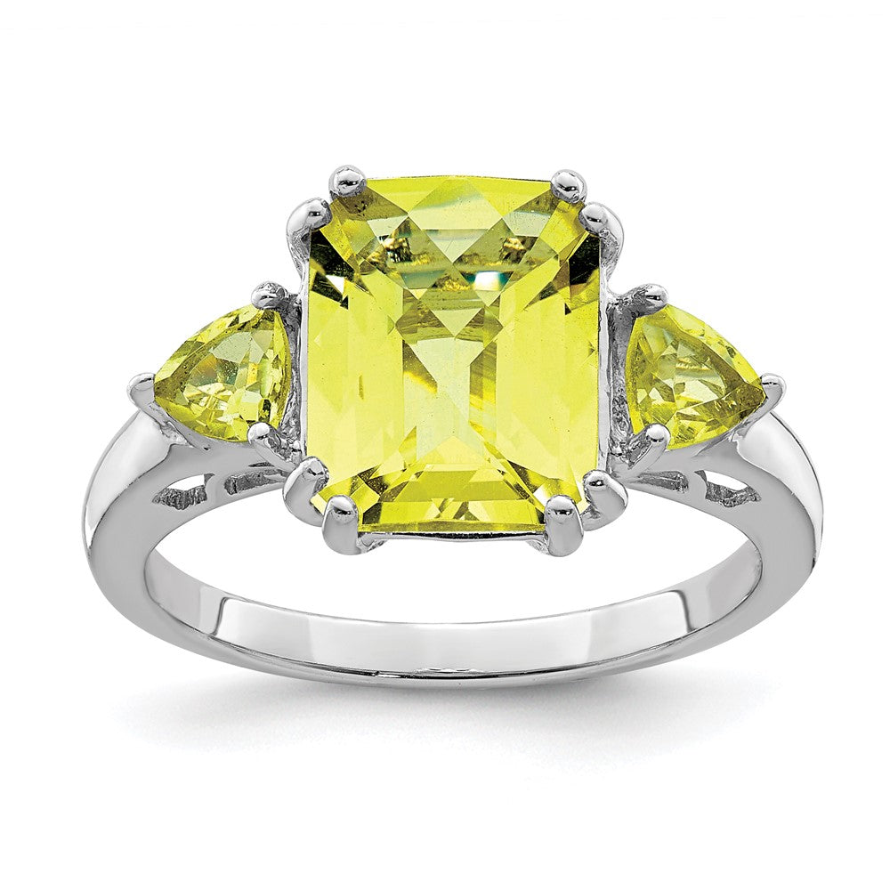 Sterling Silver Rhodium Octagonal Checker-Cut Lemon Quartz Ring