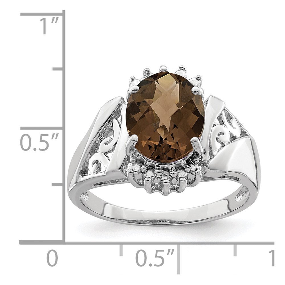 Sterling Silver Rhodium Checker-Cut Smoky Quartz & Oval Diam. Ring