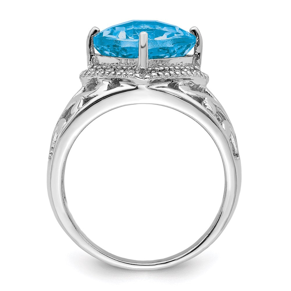 Sterling Silver Rhodium Checker-Cut Blue Topaz & Diam. Ring