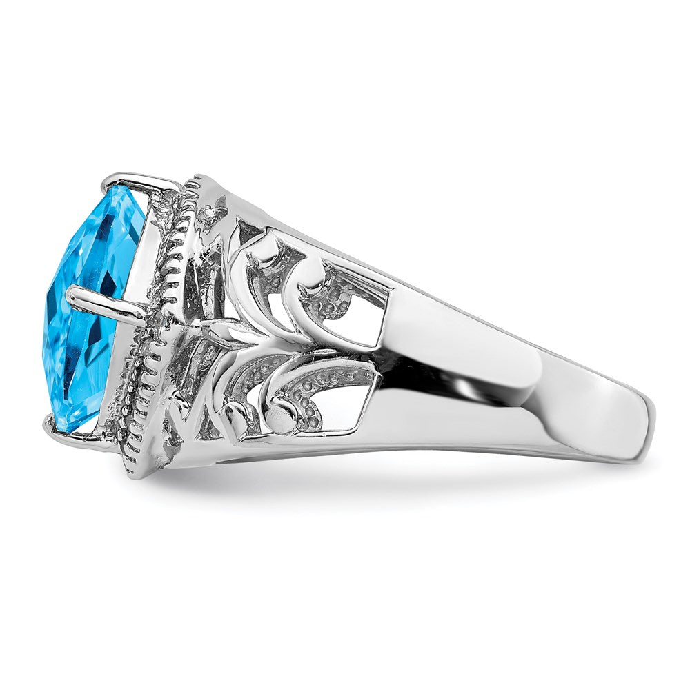 Sterling Silver Rhodium Checker-Cut Blue Topaz & Diam. Ring