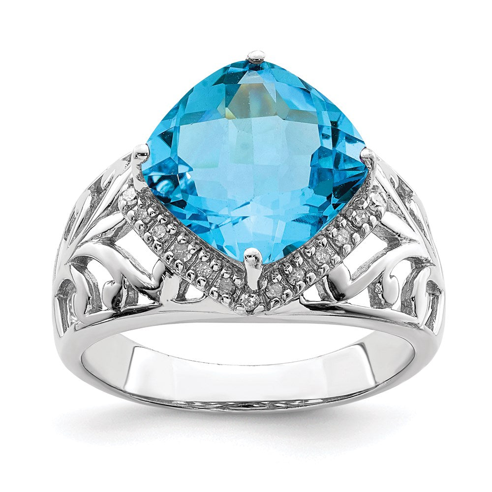 Sterling Silver Rhodium Checker-Cut Blue Topaz & Diam. Ring