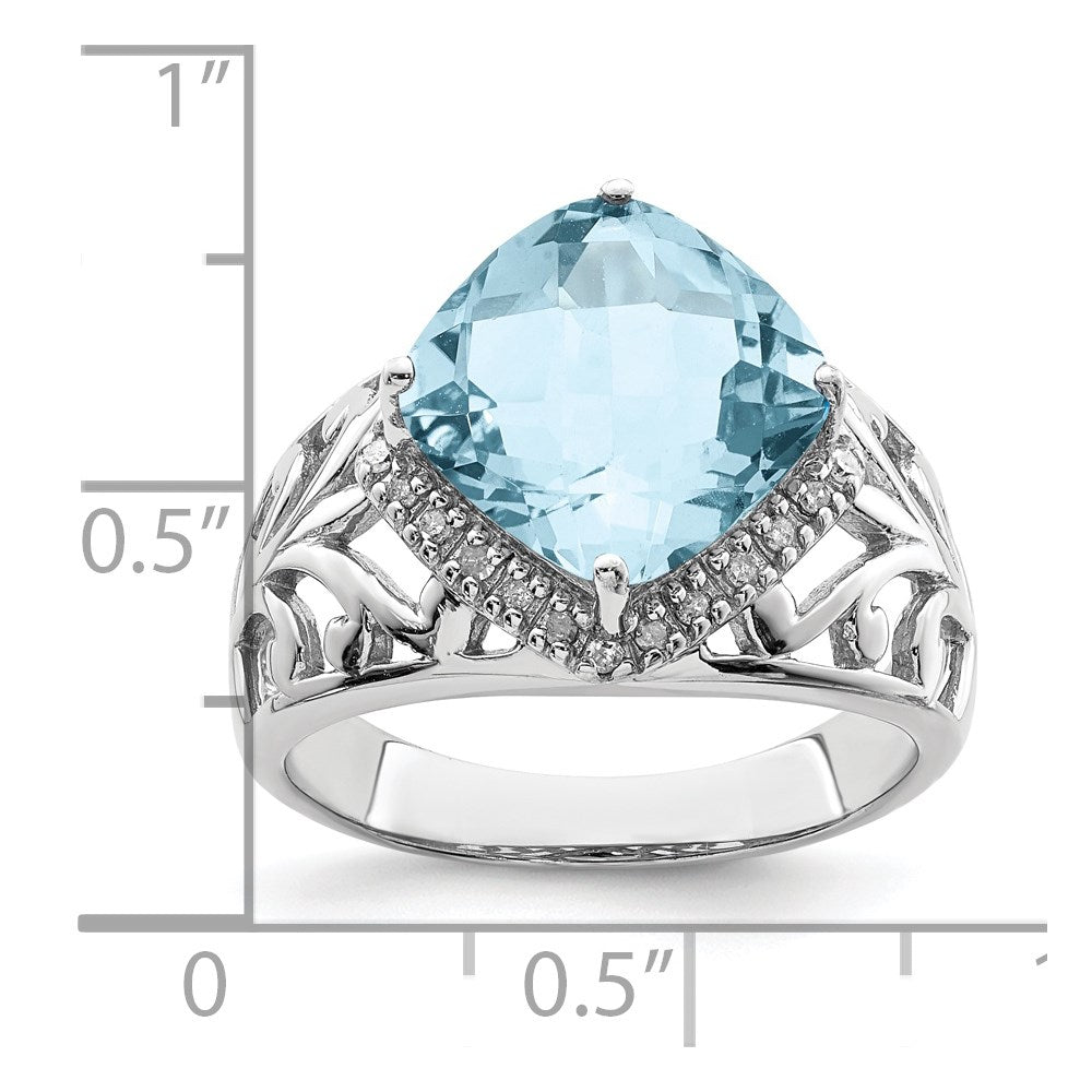 Sterling Silver Rhodium Checker-Cut Sky Blue Topaz & Diam. Ring