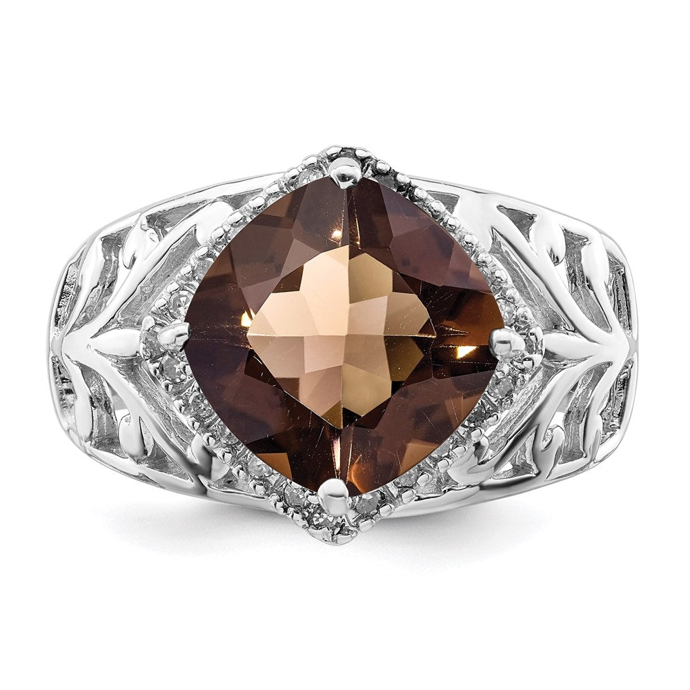 Sterling Silver Rhodium Checker-Cut Smoky Quartz & Diam. Ring