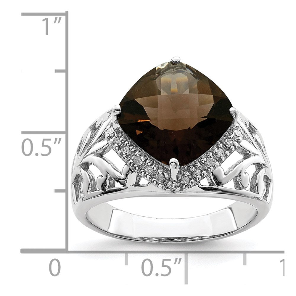 Sterling Silver Rhodium Checker-Cut Smoky Quartz & Diam. Ring