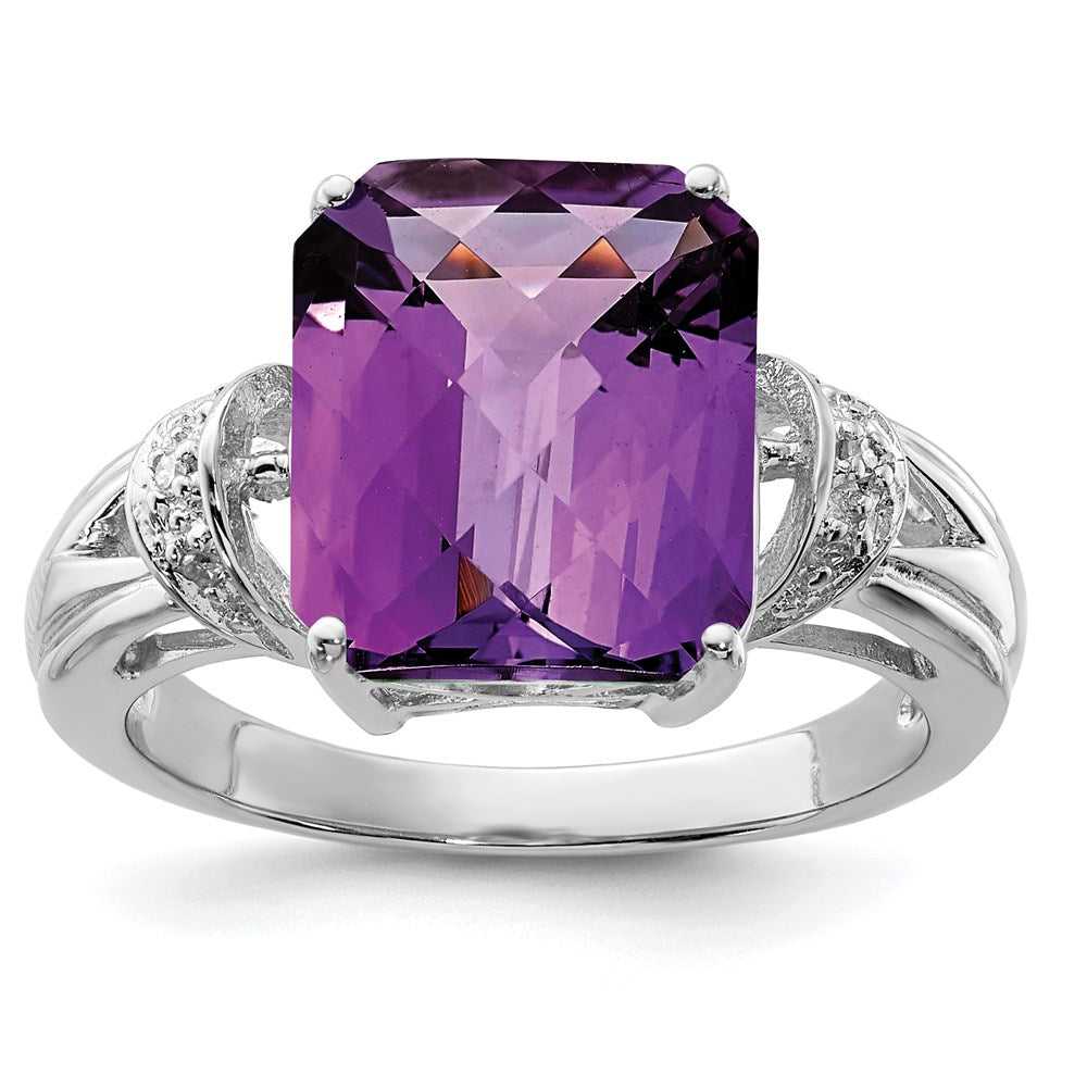 Sterling Silver Rhodium Octagonal Checker-Cut Amethyst & Diamond Ring