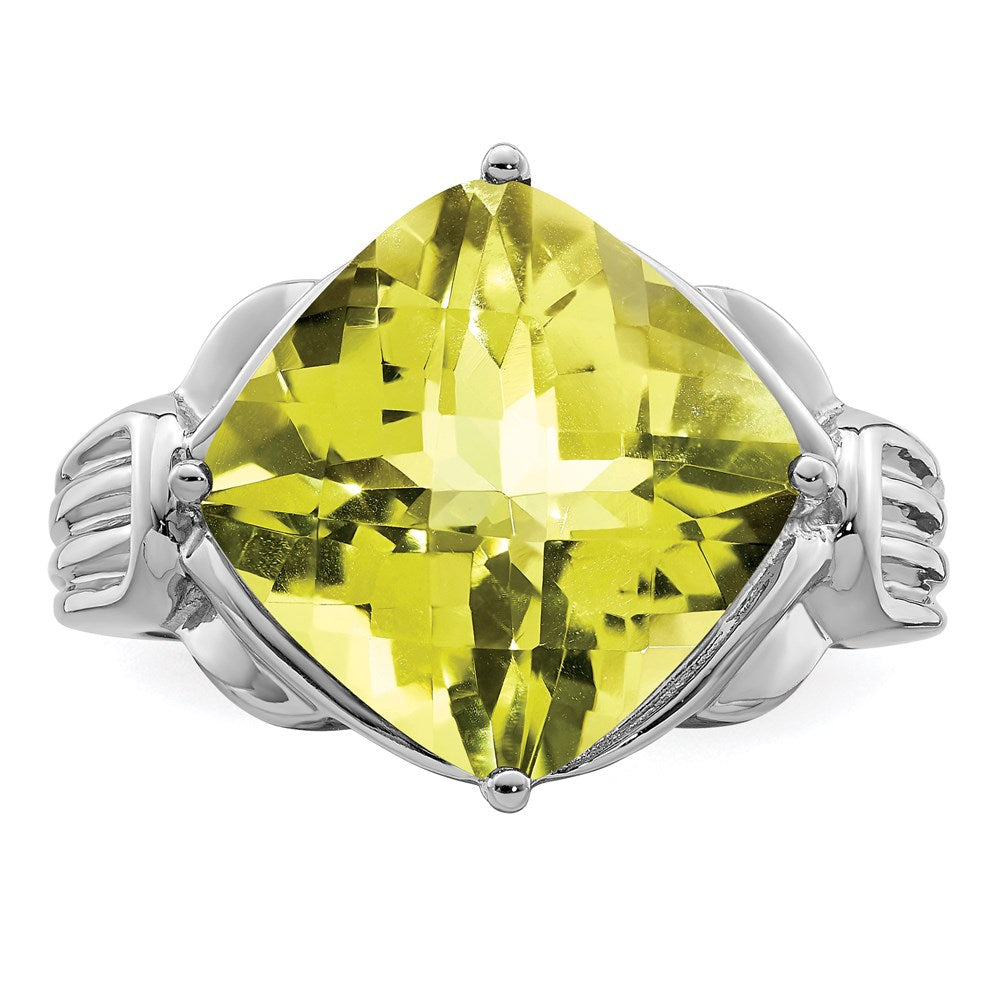 Sterling Silver Rhodium Checker-Cut Lemon Quartz Ring