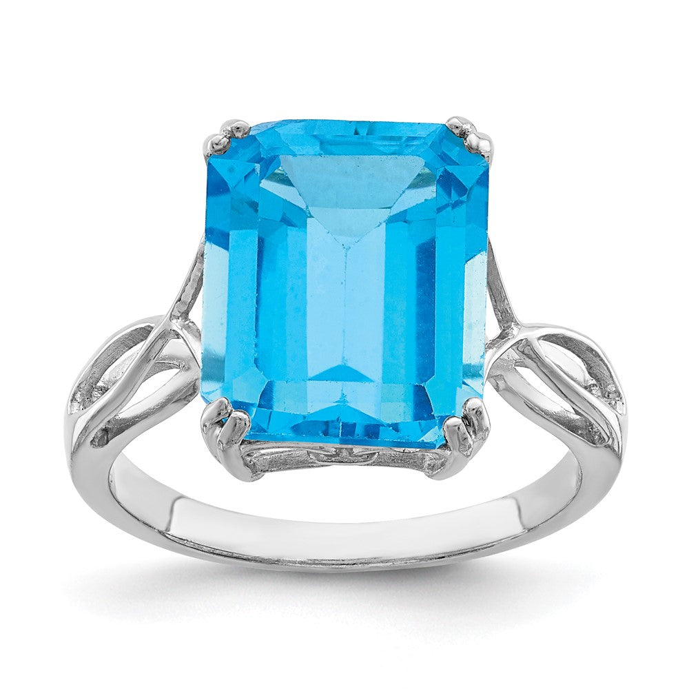 Sterling Silver Rhodium Octagonal Blue Topaz Ring