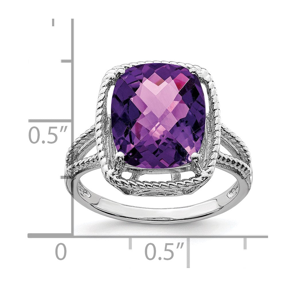 Sterling Silver Rhodium-plated Checker-Cut Amethyst Ring