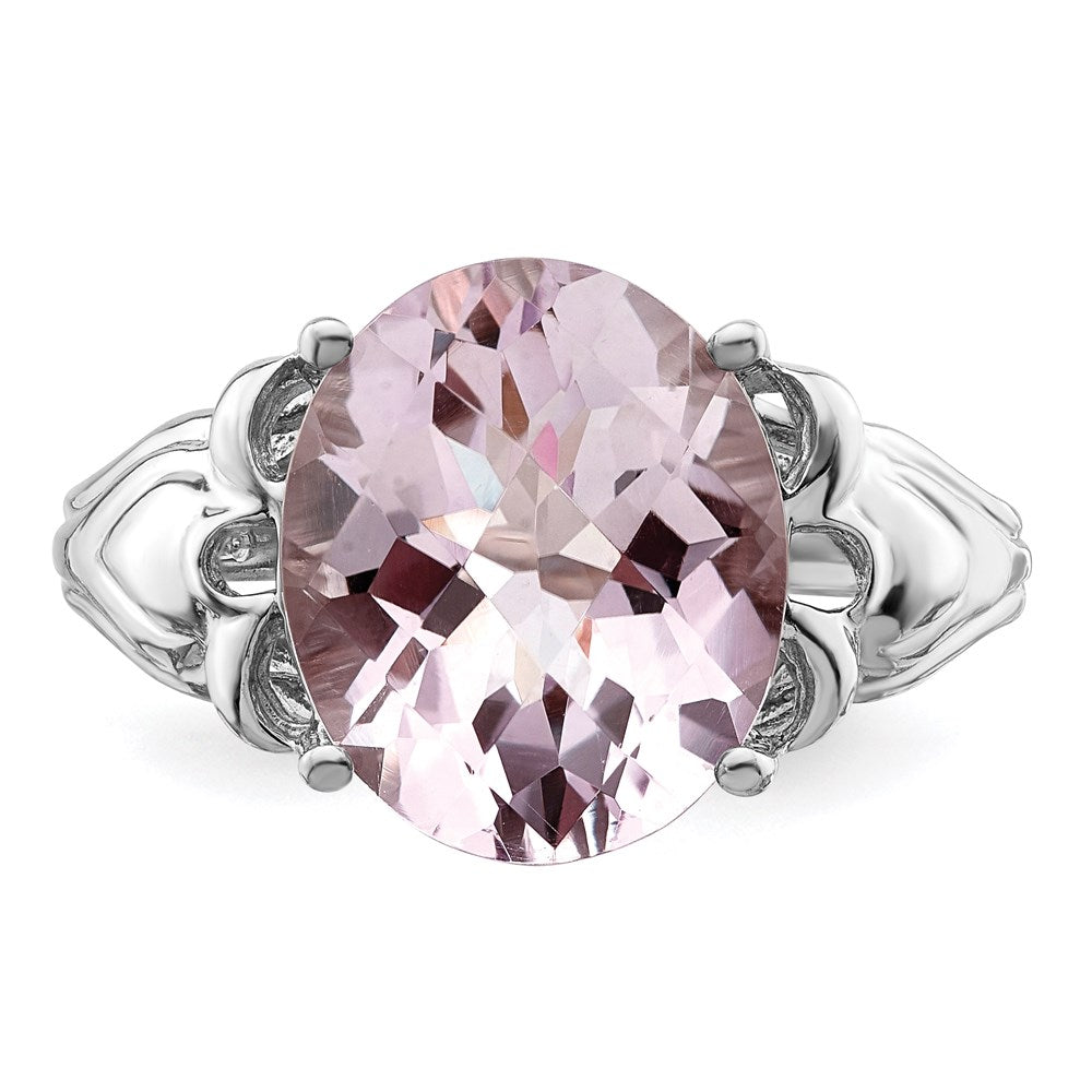 Sterling Silver Rhodium Oval Checker-Cut Pink Quartz Ring