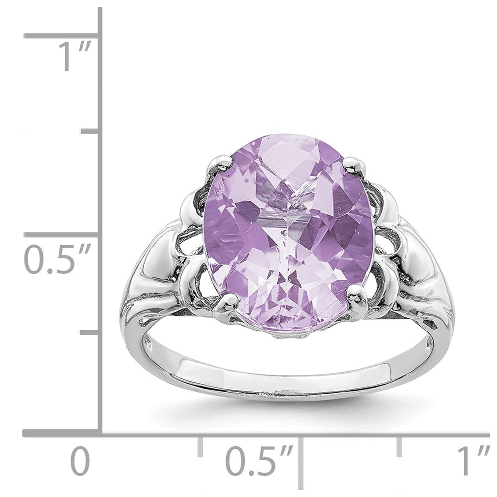 Sterling Silver Rhodium Oval Checker-Cut Pink Quartz Ring