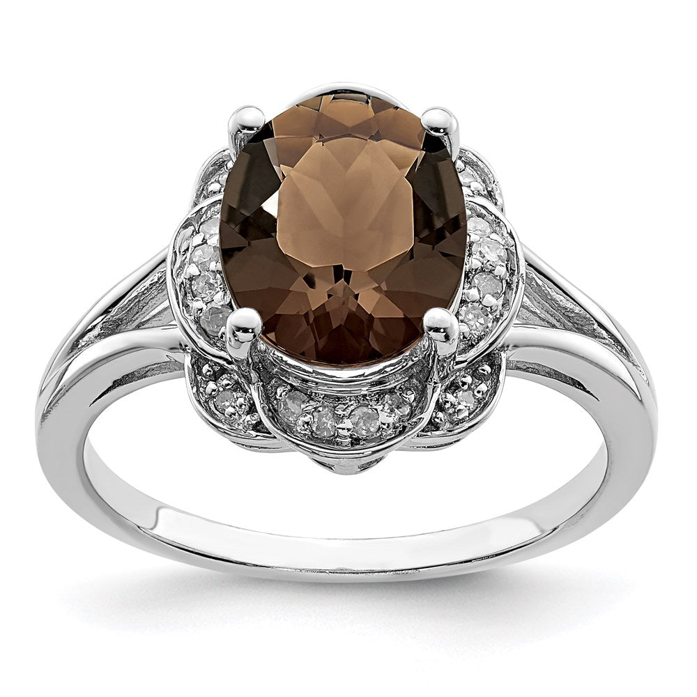 Sterling Silver Rhodium Diam. & Smoky Quartz Ring