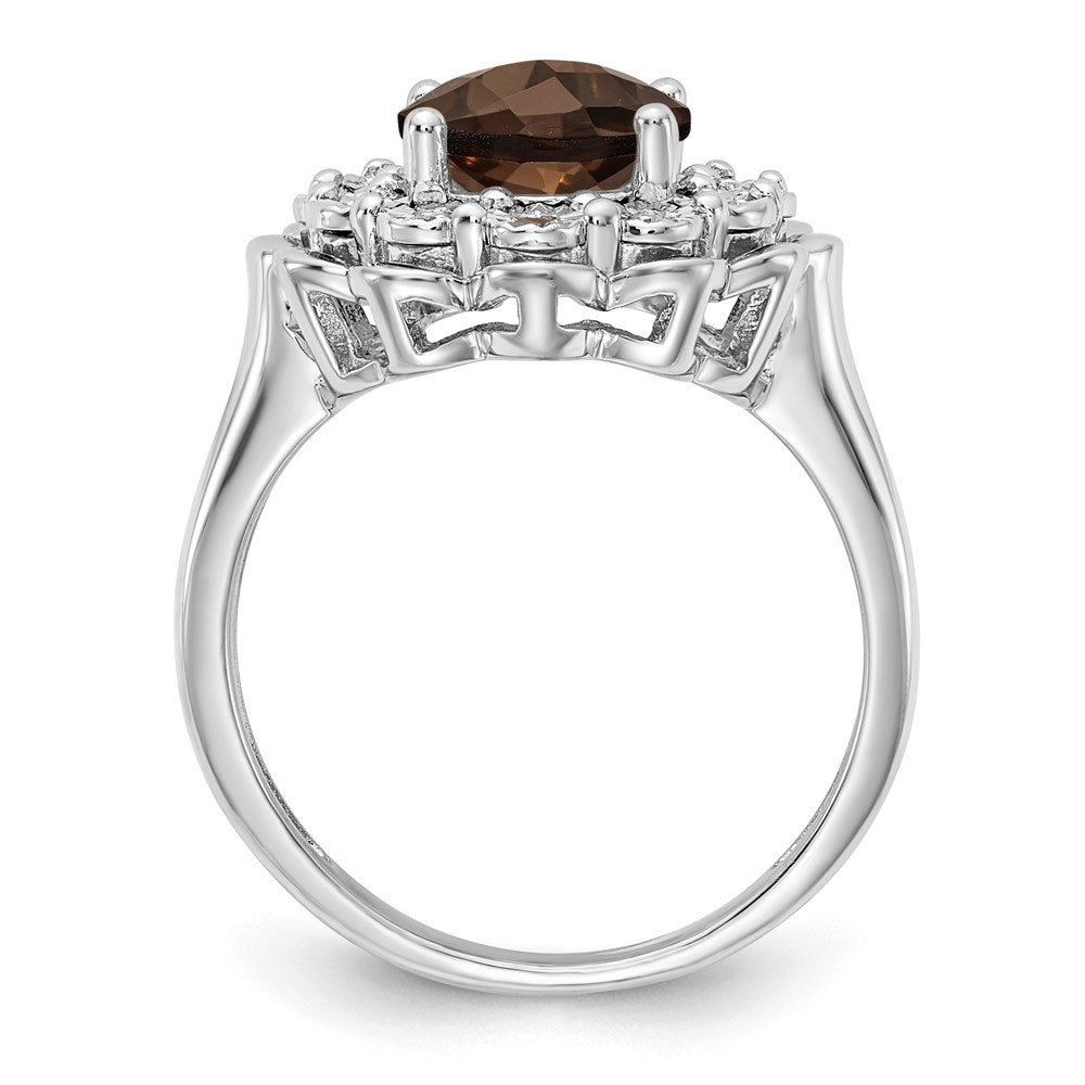 Sterling Silver Rhodium Diam. & Oval Checker-Cut Smoky Quartz Ring