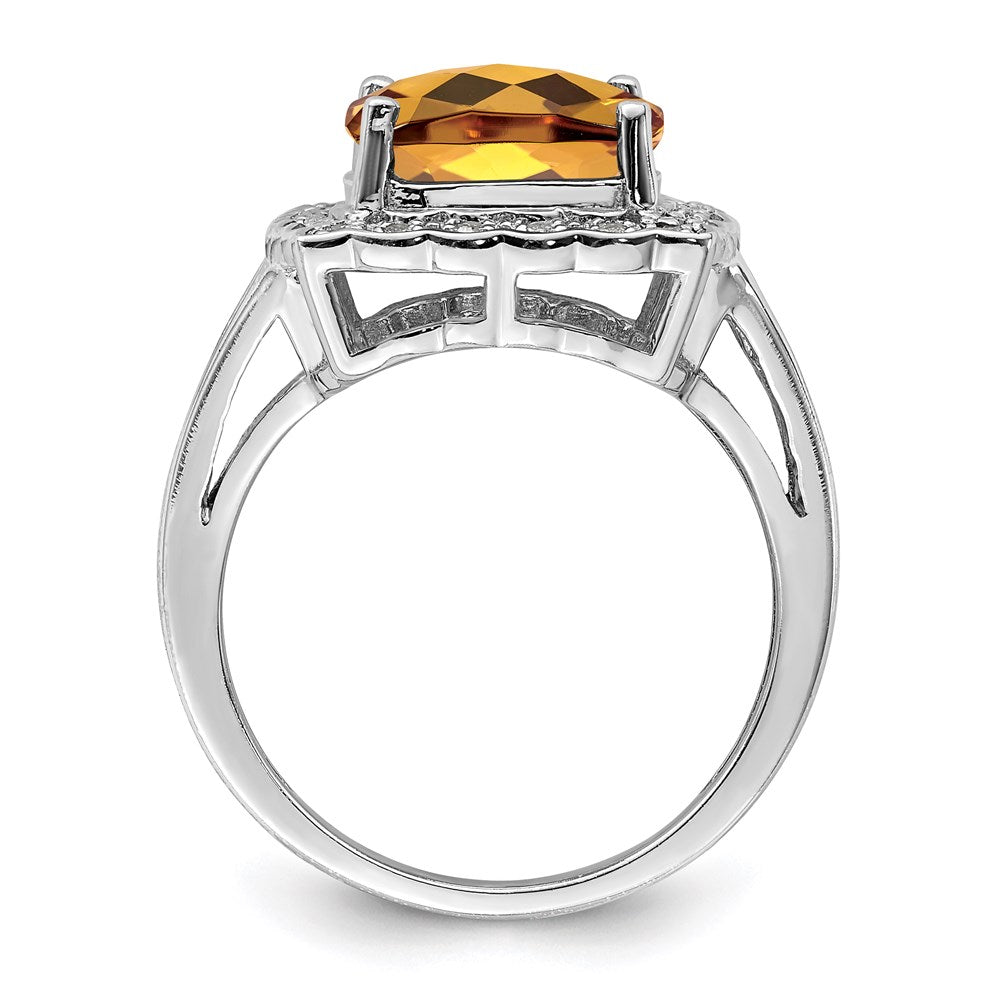 Sterling Silver Rhodium Diam. & Checker-Cut Whiskey Quartz Ring