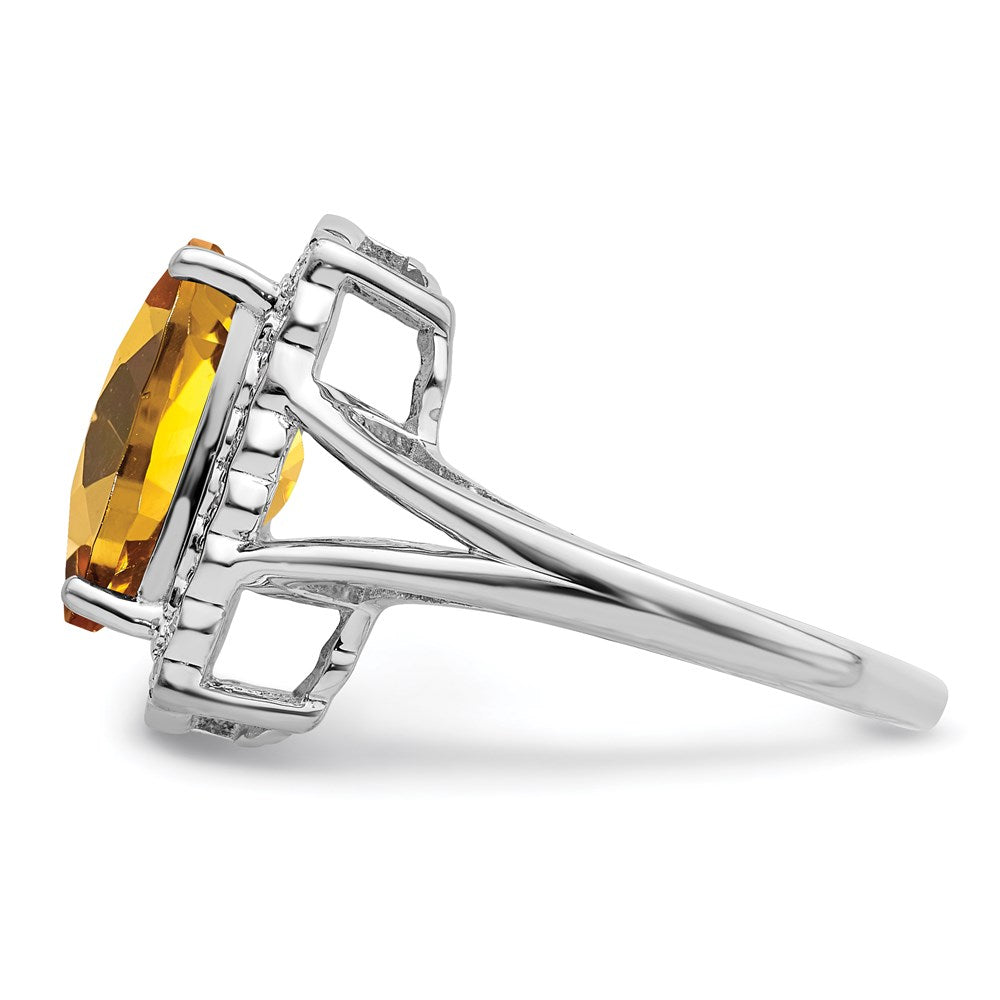Sterling Silver Rhodium Diam. & Checker-Cut Whiskey Quartz Ring