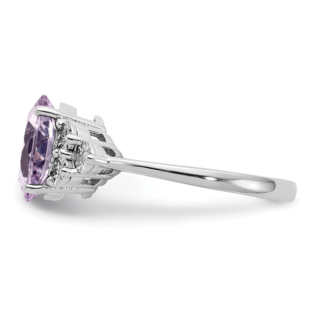 Sterling Silver Rhodium Diam. & Oval Pink Quartz Ring