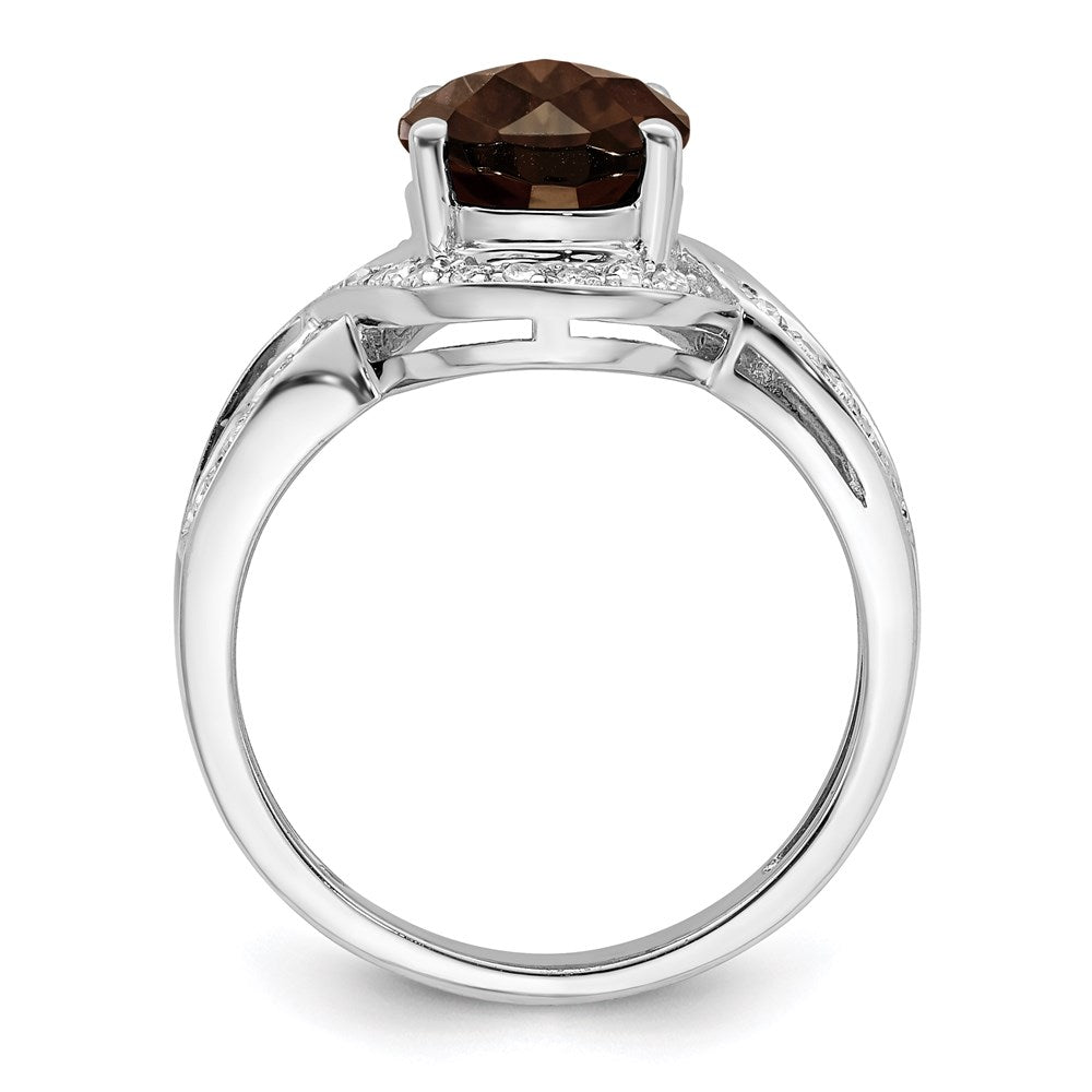 Sterling Silver Rhodium Diam. & Oval Checker-Cut Smoky Quartz Ring