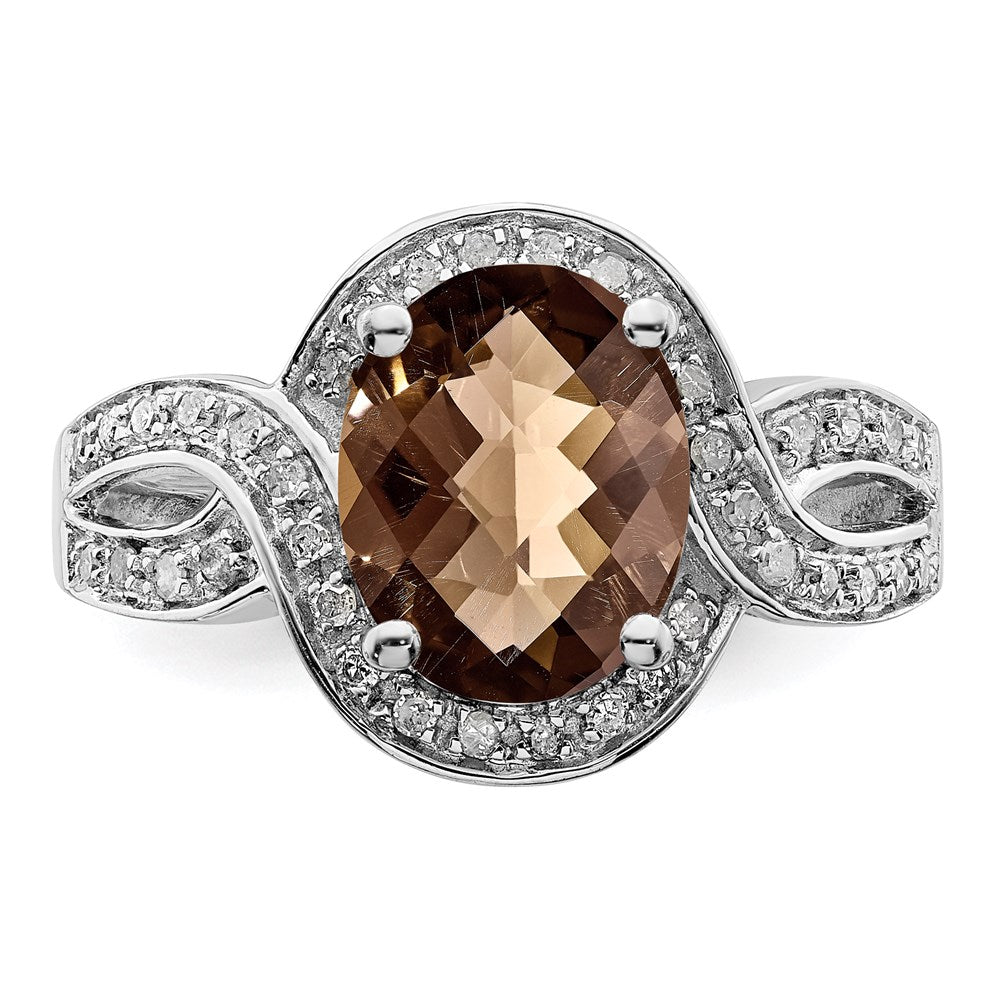 Sterling Silver Rhodium Diam. & Oval Checker-Cut Smoky Quartz Ring
