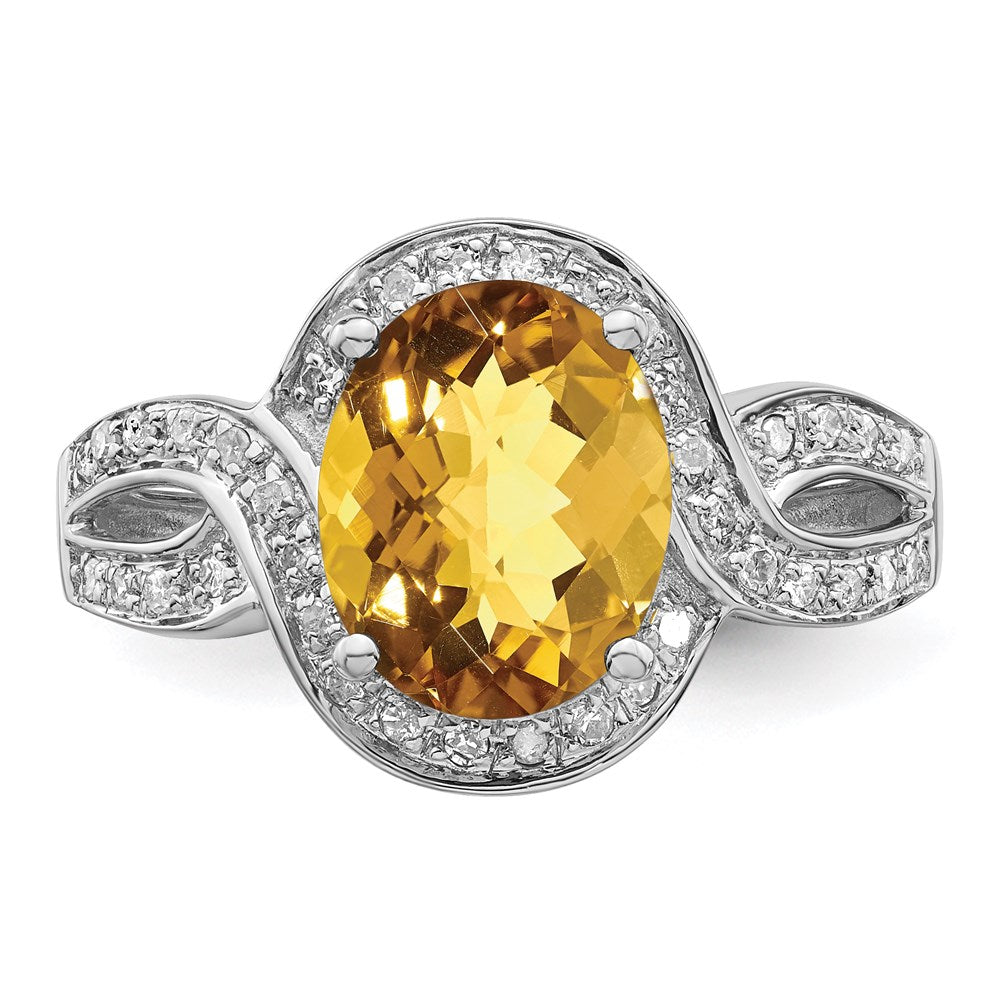 Sterling Silver Rhodium Diam. & Oval Checker-Cut Whiskey Quartz Ring