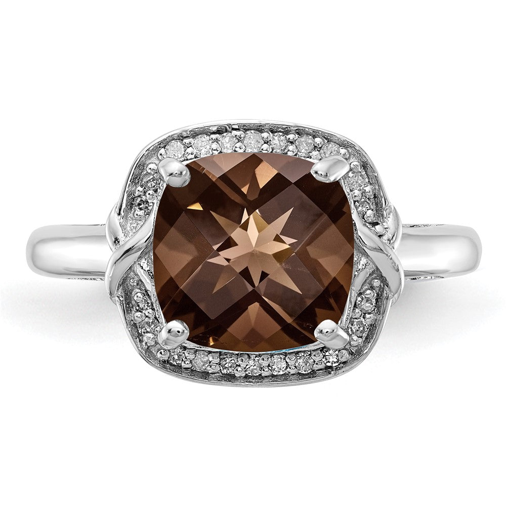 Sterling Silver Rhodium Diam. & Checker-Cut Smoky Quartz Ring