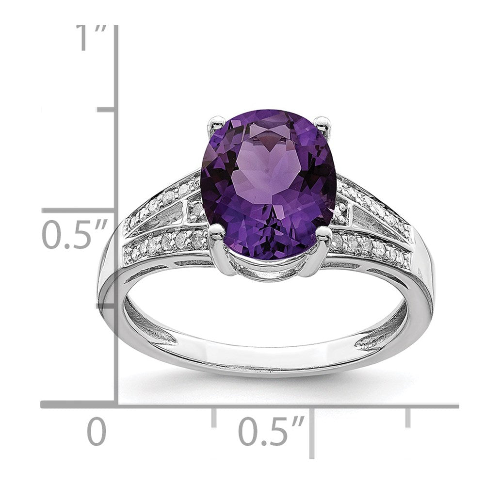 Sterling Silver Rhodium-plated Diamond & Oval Amethyst Ring