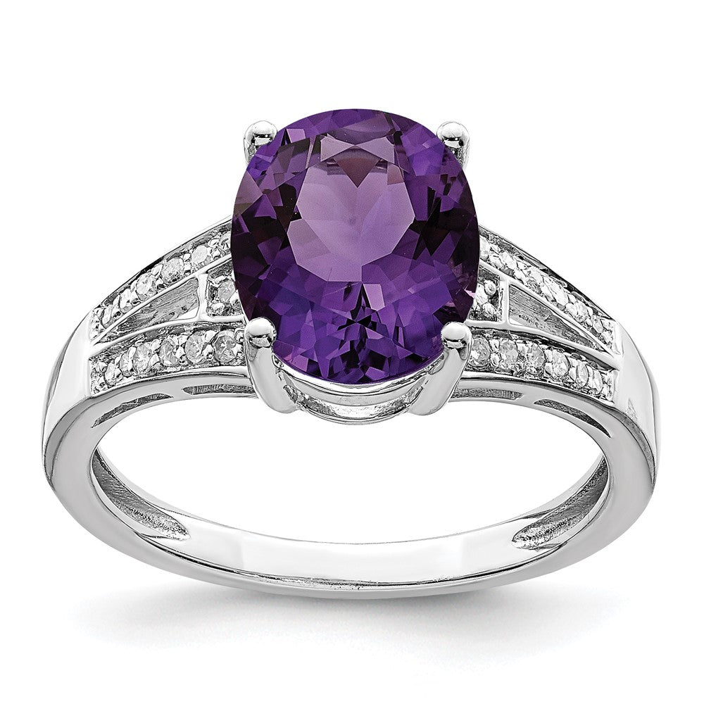Sterling Silver Rhodium-plated Diamond & Oval Amethyst Ring