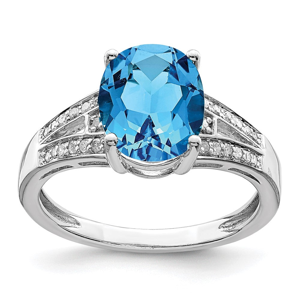 Sterling Silver Rhodium Diam. & Oval Blue Topaz Ring