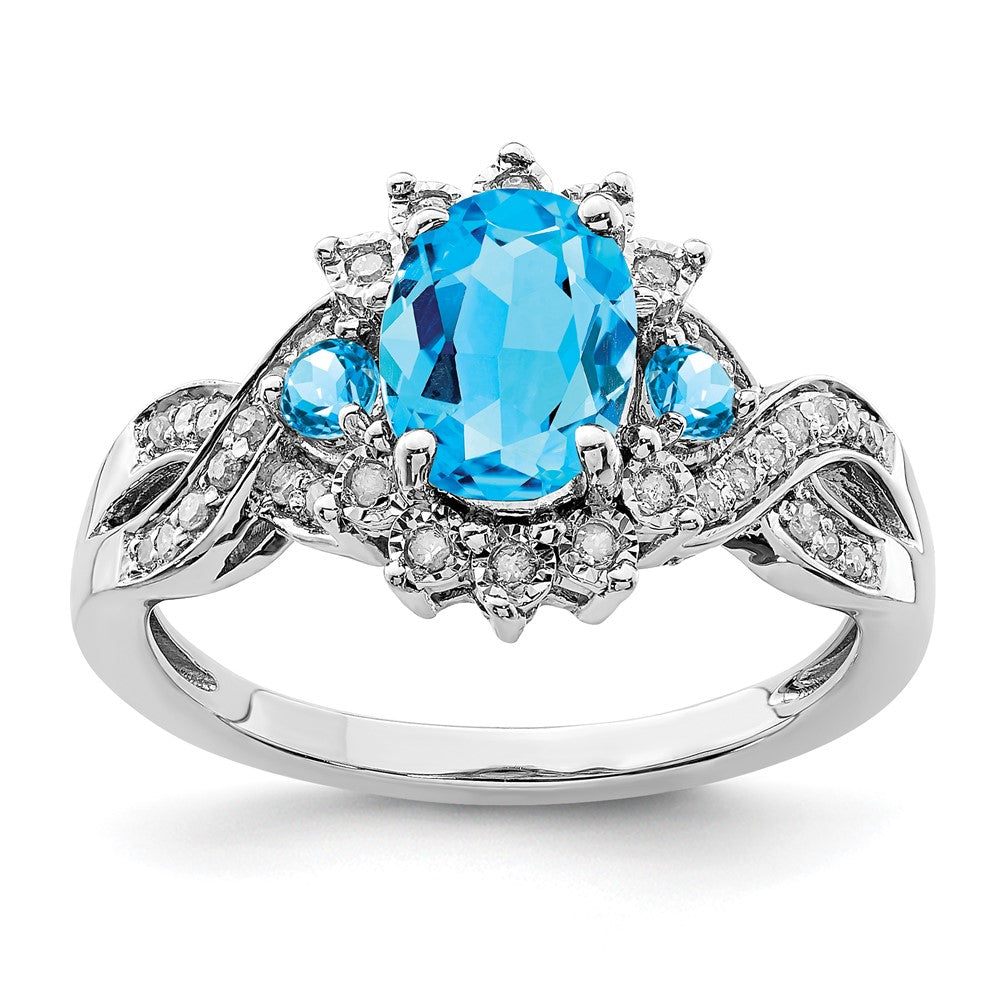 Sterling Silver Rhodium Diam. & Oval Blue Topaz Ring