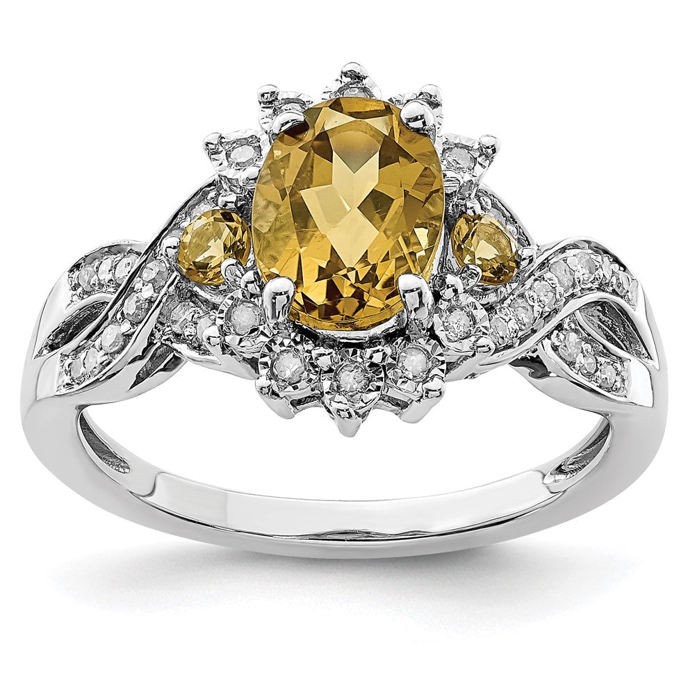 Sterling Silver Rhodium Diam. & Oval Whiskey Quartz Ring